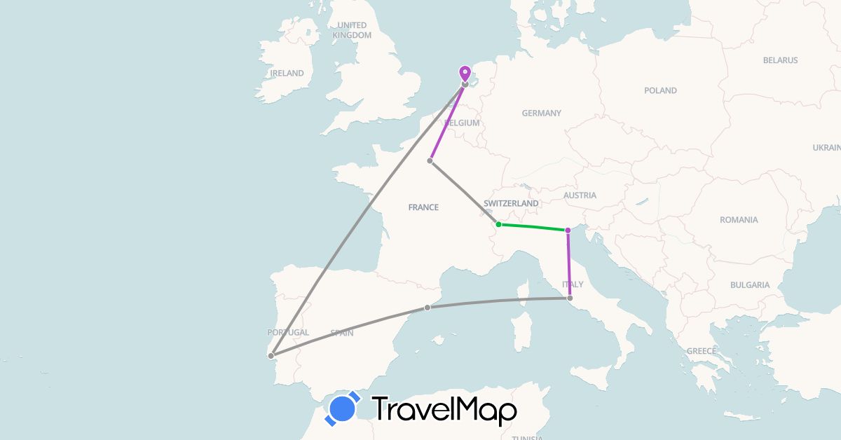 TravelMap itinerary: driving, bus, plane, train in Spain, France, Italy, Netherlands, Portugal (Europe)